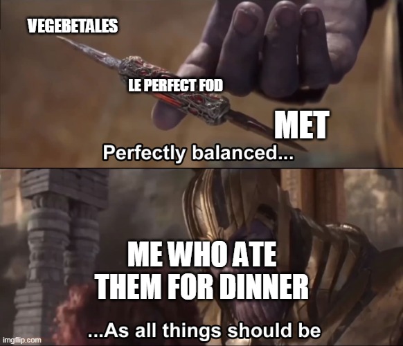 Thanos perfectly balanced as all things should be | VEGEBETALES MET ME WHO ATE THEM FOR DINNER LE PERFECT FOD | image tagged in thanos perfectly balanced as all things should be | made w/ Imgflip meme maker