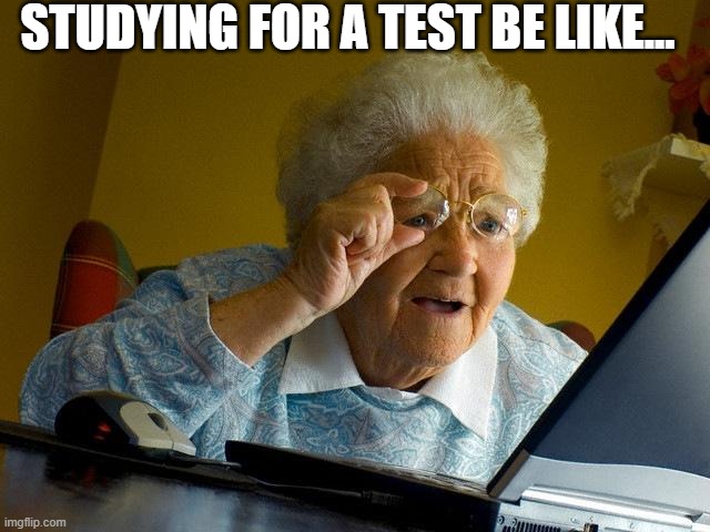 Studying be like | STUDYING FOR A TEST BE LIKE... | image tagged in memes,grandma finds the internet,test,school | made w/ Imgflip meme maker