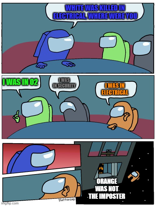 Among Us Meeting | WHITE WAS KILLED IN ELECTRICAL, WHERE WERE YOU; I WAS IN O2; I WAS IN SECURITY; I WAS IN ELECTRICAL; ORANGE WAS NOT THE IMPOSTER | image tagged in among us meeting | made w/ Imgflip meme maker