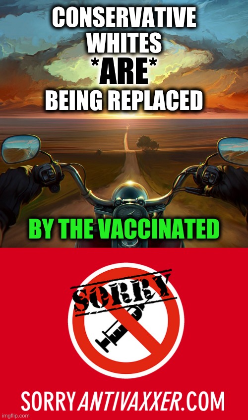 you will not replace us! | CONSERVATIVE
WHITES; *ARE*; BEING REPLACED; BY THE VACCINATED | image tagged in motorcycle sunset,covidiots,conservative logic,antivax,we will not be replaced,sorryantivaxxer | made w/ Imgflip meme maker