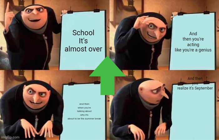 Gru's Plan | School
It's almost over; And then you're acting like you're a genius; And then you realize it's September; And then when you're talking about why it's about to be the summer break | image tagged in memes,gru's plan | made w/ Imgflip meme maker