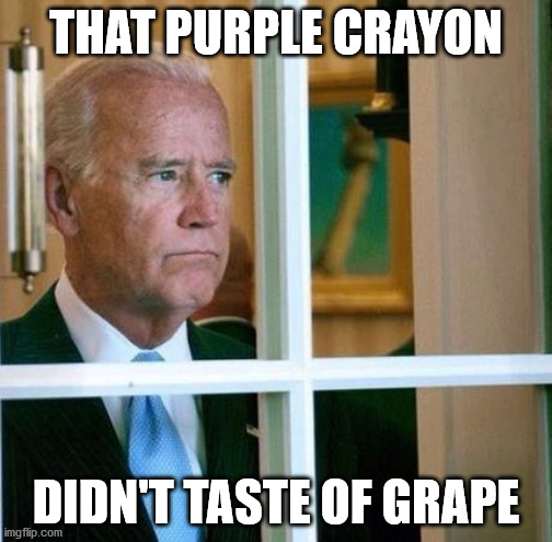 Sad Joe Biden | THAT PURPLE CRAYON; DIDN'T TASTE OF GRAPE | image tagged in sad joe biden | made w/ Imgflip meme maker