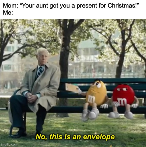 E | Mom: “Your aunt got you a present for Christmas!”
Me:; No, this is an envelope | image tagged in funny | made w/ Imgflip meme maker