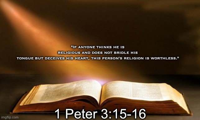 Bible  | "If anyone thinks he is religious and does not bridle his tongue but deceives his heart, this person's religion is worthless."; 1 Peter 3:15-16 | image tagged in bible | made w/ Imgflip meme maker