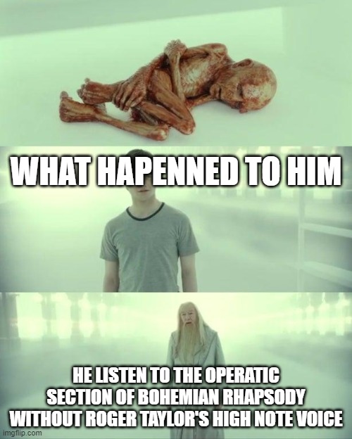 Dead Baby Voldemort / What Happened To Him | WHAT HAPENNED TO HIM; HE LISTEN TO THE OPERATIC SECTION OF BOHEMIAN RHAPSODY WITHOUT ROGER TAYLOR'S HIGH NOTE VOICE | image tagged in dead baby voldemort / what happened to him | made w/ Imgflip meme maker