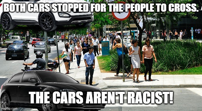 Polite Cars Stopping. | BOTH CARS STOPPED FOR THE PEOPLE TO CROSS. THE CARS AREN'T RACIST! | image tagged in funny memes | made w/ Imgflip meme maker