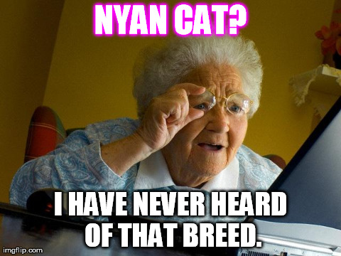 Grandma Finds The Internet | NYAN CAT? I HAVE NEVER HEARD OF THAT BREED. | image tagged in memes,grandma finds the internet | made w/ Imgflip meme maker