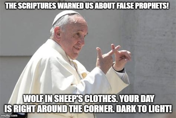 We where warned about false prophets! | THE SCRIPTURES WARNED US ABOUT FALSE PROPHETS! WOLF IN SHEEP'S CLOTHES. YOUR DAY IS RIGHT AROUND THE CORNER. DARK TO LIGHT! | image tagged in false prophets,pope francis,pope,the pope,pope francis angry | made w/ Imgflip meme maker