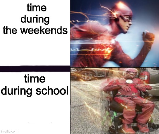 OK so I’m using a template that someone made based off of a meme I made earlier | time during the weekends; time during school | image tagged in flash and slow flash | made w/ Imgflip meme maker