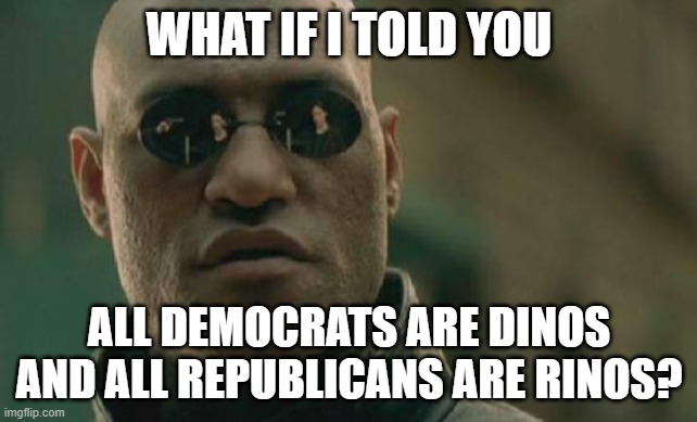 Civil War: Right wing was Democrat. Left Wing was Republican. So... Morpheus might be right here. | WHAT IF I TOLD YOU; ALL DEMOCRATS ARE DINOS AND ALL REPUBLICANS ARE RINOS? | image tagged in memes,matrix morpheus,civil war,american politics,democrat,republican | made w/ Imgflip meme maker