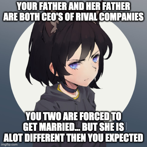 i'm running out of ideas | YOUR FATHER AND HER FATHER ARE BOTH CEO'S OF RIVAL COMPANIES; YOU TWO ARE FORCED TO GET MARRIED... BUT SHE IS ALOT DIFFERENT THEN YOU EXPECTED | image tagged in midnight | made w/ Imgflip meme maker