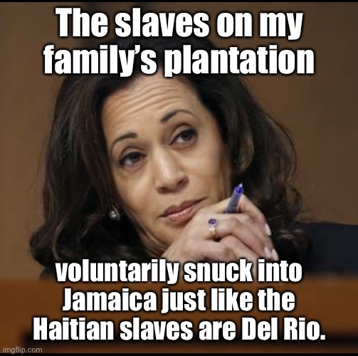 She needs a dictionary to look up slavery |  The slaves on my family’s plantation; voluntarily snuck into Jamaica just like the Haitian slaves are Del Rio. | image tagged in kamala harris,slaves,illegal aliens | made w/ Imgflip meme maker