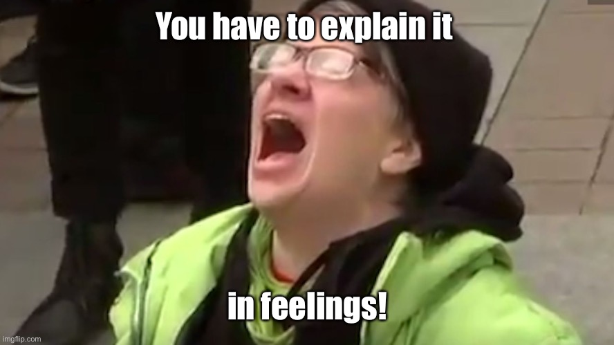 Screaming Liberal  | You have to explain it in feelings! | image tagged in screaming liberal | made w/ Imgflip meme maker