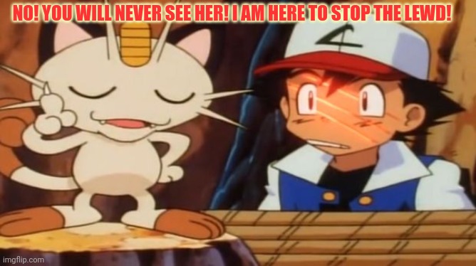 Meowth Scratches Ash | NO! YOU WILL NEVER SEE HER! I AM HERE TO STOP THE LEWD! | image tagged in meowth scratches ash | made w/ Imgflip meme maker