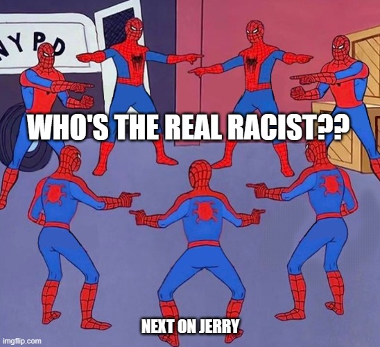 Spiderman pointing at Spiderman pointing at Spiderman | WHO'S THE REAL RACIST?? NEXT ON JERRY | image tagged in spiderman pointing at spiderman pointing at spiderman | made w/ Imgflip meme maker