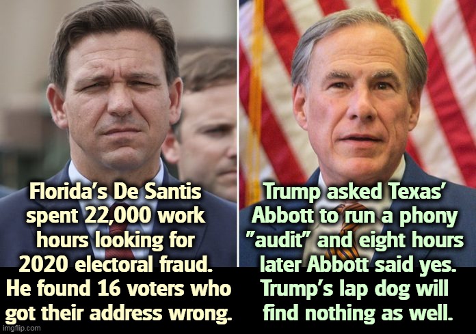 The Maricopa County "audit" showed Biden won AZ. Trump is spinning this bullcr*p out endlessly so he can get more donations. | Florida's De Santis 
spent 22,000 work 
hours looking for 

2020 electoral fraud. 
He found 16 voters who got their address wrong. Trump asked Texas' 

Abbott to run a phony 

"audit" and eight hours 
later Abbott said yes. Trump's lap dog will 
find nothing as well. | image tagged in florida,texas,governor,moron,trump,con man | made w/ Imgflip meme maker