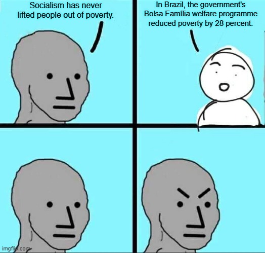 Thanks Lula | In Brazil, the government's Bolsa Família welfare programme reduced poverty by 28 percent. Socialism has never lifted people out of poverty. | image tagged in npc meme,conservative logic,libertarians,welfare,socialism,poverty | made w/ Imgflip meme maker