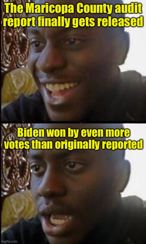 A lot of “stollen election” theorists are gonna be very disappointed. | The Maricopa County audit report finally gets released; Biden won by even more votes than originally reported | image tagged in disappointed black guy,2020 elections,trump | made w/ Imgflip meme maker