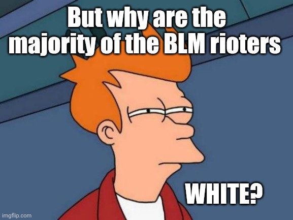 Futurama Fry Meme | But why are the majority of the BLM rioters WHITE? | image tagged in memes,futurama fry | made w/ Imgflip meme maker