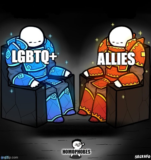 Pretty much | ALLIES; LGBTQ+; HOMOPHOBES | image tagged in 2 gods and a peasant,lgbtq,ally,memes,funny | made w/ Imgflip meme maker