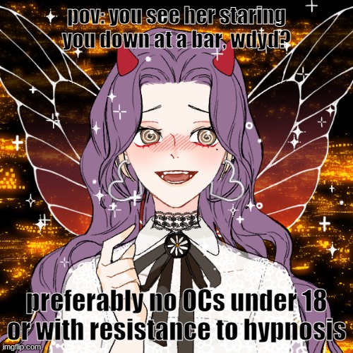 Lady Butterfly picrew | pov: you see her staring you down at a bar, wdyd? preferably no OCs under 18 or with resistance to hypnosis | image tagged in lady butterfly picrew | made w/ Imgflip meme maker