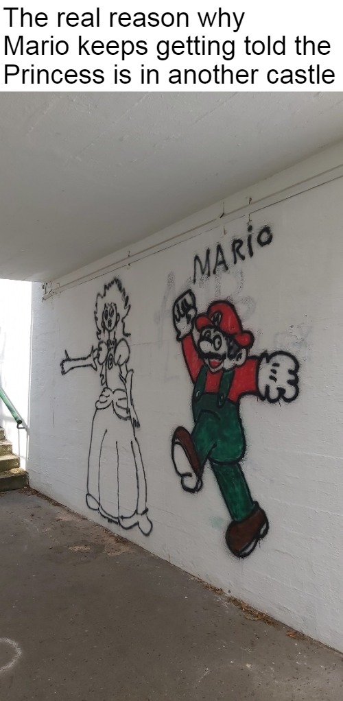 Mushroom Kingdom's Super Stalker | The real reason why Mario keeps getting told the Princess is in another castle | image tagged in meme,memes,mario,graffiti,super mario | made w/ Imgflip meme maker