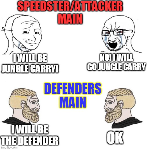 Applies to any MOBA games | SPEEDSTER/ATTACKER
MAIN; NO! I WILL GO JUNGLE CARRY; I WILL BE JUNGLE CARRY! DEFENDERS
MAIN; I WILL BE THE DEFENDER; OK | image tagged in chad we know | made w/ Imgflip meme maker