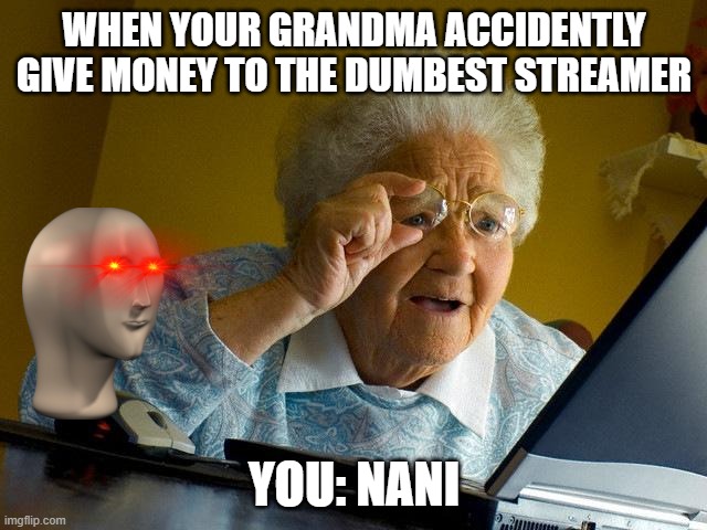 Grandma Finds The Internet Meme | WHEN YOUR GRANDMA ACCIDENTLY GIVE MONEY TO THE DUMBEST STREAMER; YOU: NANI | image tagged in memes,grandma finds the internet | made w/ Imgflip meme maker