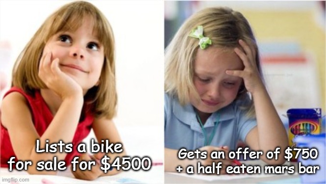 Lists bike for sale |  Gets an offer of $750 + a half eaten mars bar; Lists a bike for sale for $4500 | image tagged in dreaming crying writing girl,dissapointment | made w/ Imgflip meme maker