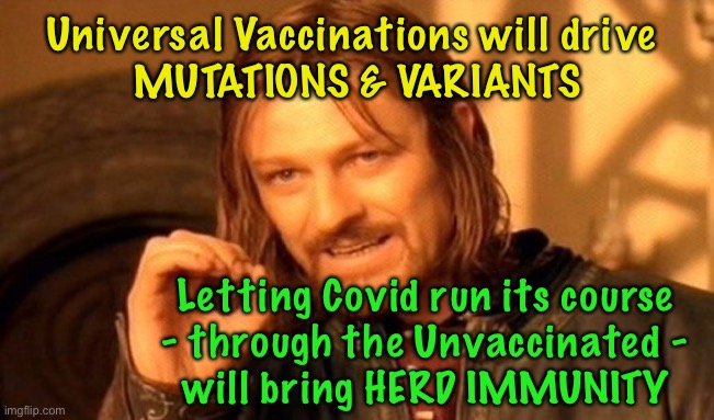 Has the Herd Heard this? | Universal Vaccinations will drive 
MUTATIONS & VARIANTS; Letting Covid run its course
- through the Unvaccinated -
will bring HERD IMMUNITY | image tagged in memes,one does not simply,plan demic,power money control,marxist dems hate america,f the mandates | made w/ Imgflip meme maker