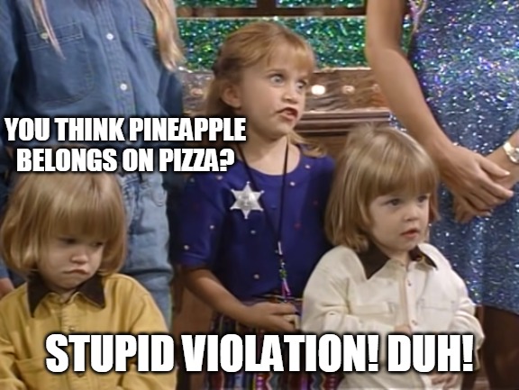 Stupid Violation! Duh! | YOU THINK PINEAPPLE BELONGS ON PIZZA? STUPID VIOLATION! DUH! | image tagged in stupid violation duh,meme,memes | made w/ Imgflip meme maker
