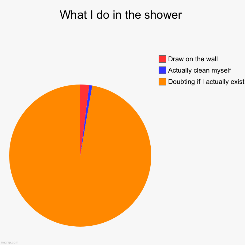 What I do in the shower | Doubting if I actually exist , Actually clean myself , Draw on the wall | image tagged in charts,pie charts | made w/ Imgflip chart maker