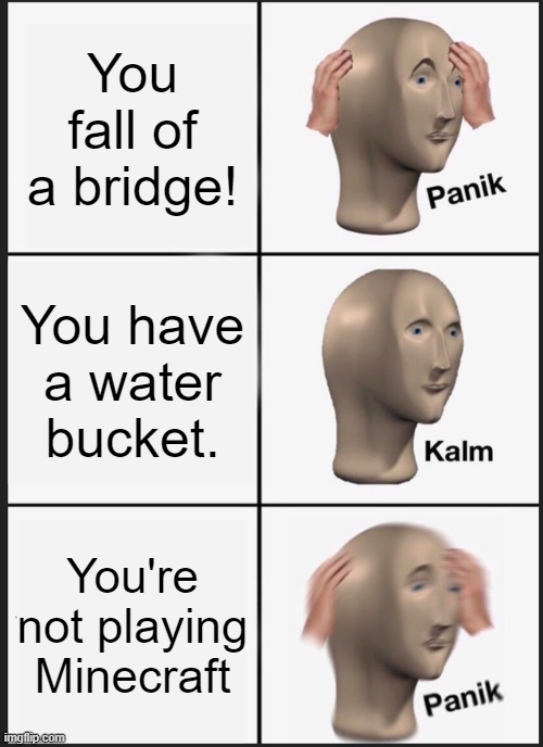 R.I.P | You fall of a bridge! You have a water bucket. You're not playing Minecraft | image tagged in memes,panik kalm panik | made w/ Imgflip meme maker