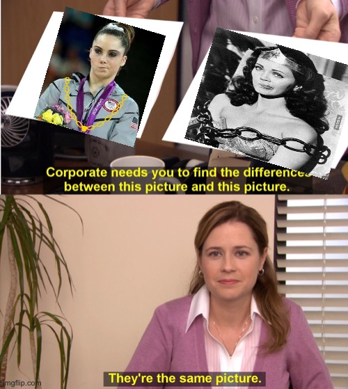 They are the same: thanks 7.ups | image tagged in memes,they're the same picture,unimpressed olympic gymnast,wonder woman | made w/ Imgflip meme maker