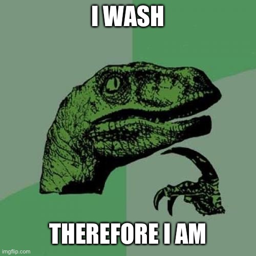Philosoraptor Meme | I WASH; THEREFORE I AM | image tagged in memes,philosoraptor | made w/ Imgflip meme maker