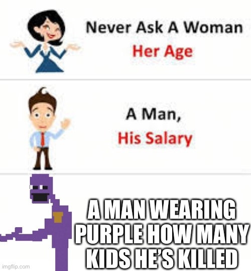 Or your next | A MAN WEARING PURPLE HOW MANY KIDS HE’S KILLED | image tagged in purple guy | made w/ Imgflip meme maker