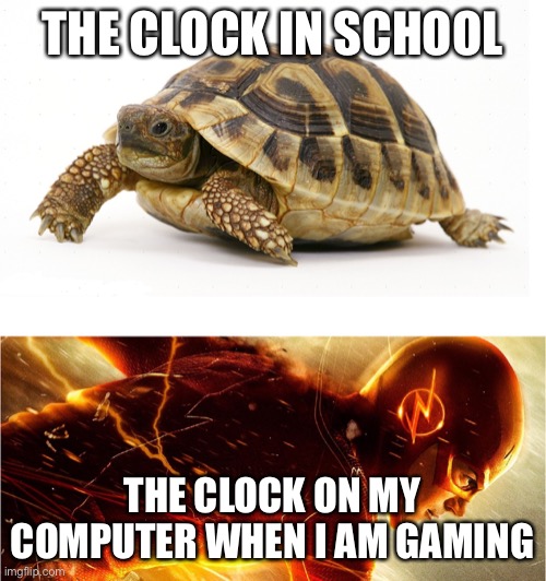 Rip | THE CLOCK IN SCHOOL; THE CLOCK ON MY COMPUTER WHEN I AM GAMING | image tagged in slow vs fast meme | made w/ Imgflip meme maker