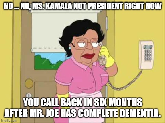 Consuela |  NO ... NO, MS. KAMALA NOT PRESIDENT RIGHT NOW; YOU CALL BACK IN SIX MONTHS AFTER MR. JOE HAS COMPLETE DEMENTIA. | image tagged in memes,consuela | made w/ Imgflip meme maker