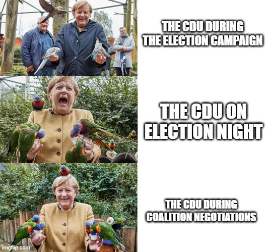 Merkel's last meme | THE CDU DURING THE ELECTION CAMPAIGN; THE CDU ON ELECTION NIGHT; THE CDU DURING COALITION NEGOTIATIONS | image tagged in merkels last meme | made w/ Imgflip meme maker