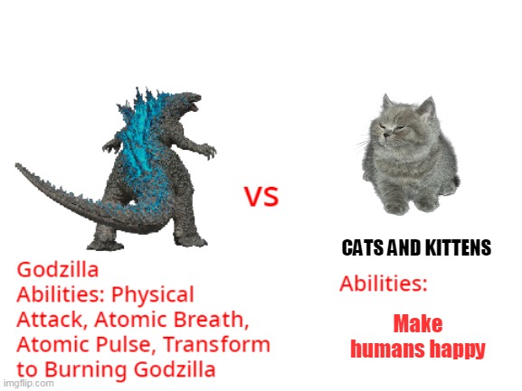 Godzilla vs. Cats and Kittens | CATS AND KITTENS; Make humans happy | image tagged in godzilla vs something,godzilla,cats | made w/ Imgflip meme maker