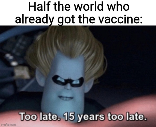 Too Late | Half the world who already got the vaccine: | image tagged in too late | made w/ Imgflip meme maker