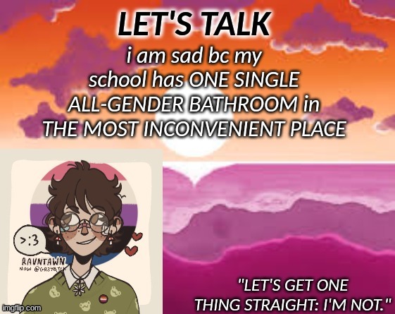 PastelGremlin Announcement | i am sad bc my school has ONE SINGLE ALL-GENDER BATHROOM in THE MOST INCONVENIENT PLACE | image tagged in pastelgremlin announcement | made w/ Imgflip meme maker