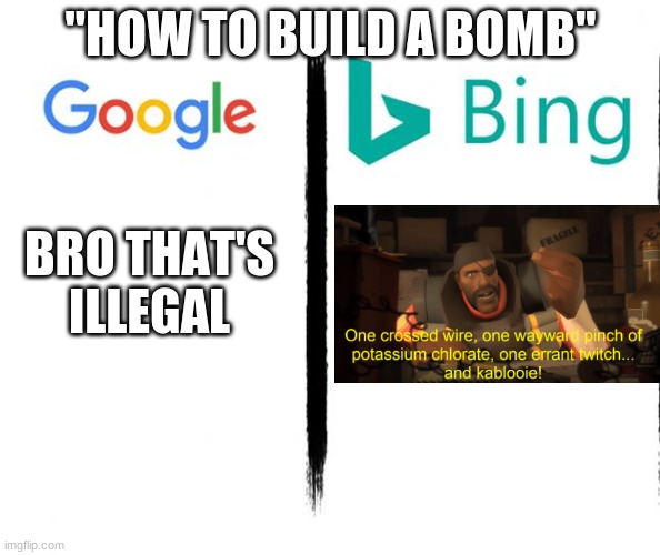Its funny because its true |  "HOW TO BUILD A BOMB"; BRO THAT'S ILLEGAL | image tagged in google v bing | made w/ Imgflip meme maker
