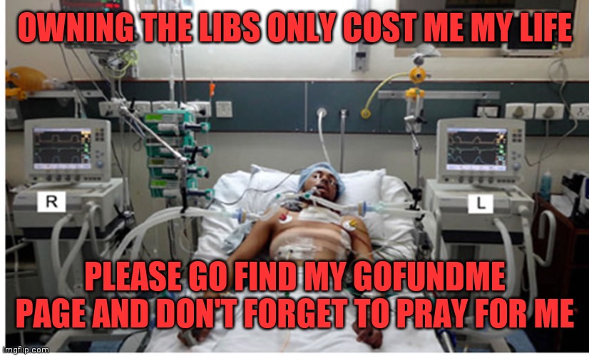 COVID pandemic hospital patient | OWNING THE LIBS ONLY COST ME MY LIFE; PLEASE GO FIND MY GOFUNDME PAGE AND DON'T FORGET TO PRAY FOR ME | image tagged in covid pandemic hospital patient | made w/ Imgflip meme maker