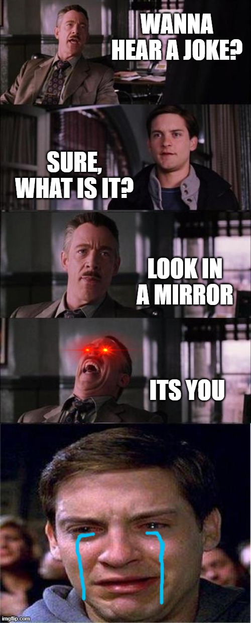 Peter Parker Cry | WANNA HEAR A JOKE? SURE, WHAT IS IT? LOOK IN A MIRROR; ITS YOU | image tagged in memes,peter parker cry | made w/ Imgflip meme maker