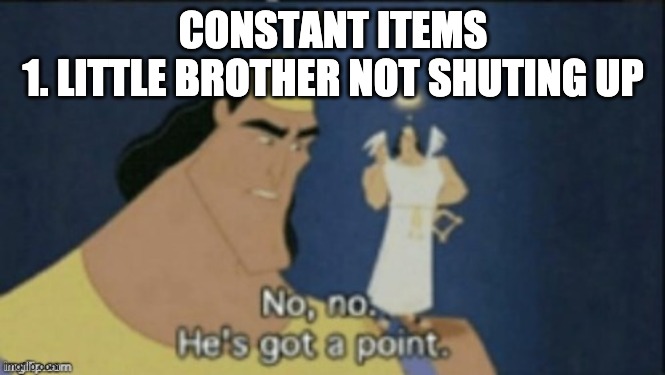 no no hes got a point | CONSTANT ITEMS
1. LITTLE BROTHER NOT SHUTING UP | image tagged in no no hes got a point | made w/ Imgflip meme maker