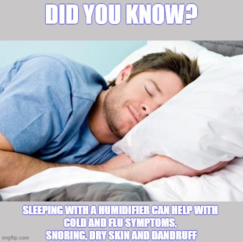 DID YOU KNOW? SLEEPING WITH A HUMIDIFIER CAN HELP WITH 
COLD AND FLU SYMPTOMS, 
SNORING, DRY SKIN AND DANDRUFF | image tagged in sleeping | made w/ Imgflip meme maker