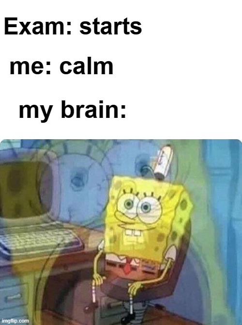 spongebob screaming inside | Exam: starts; me: calm; my brain: | image tagged in spongebob screaming inside | made w/ Imgflip meme maker