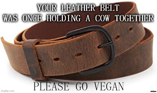 Leather 1 | YOUR LEATHER BELT
WAS ONCE HOLDING A COW TOGETHER; PLEASE GO VEGAN; minkpen | image tagged in vegan,leather,belt,shoes,bag,jacket | made w/ Imgflip meme maker