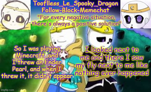 It flew next to me, and hit a fricken wall, and I wanted to go up damnit | So I was playing Minecraft, and I threw an Ender Pearl, and when I threw it, it didn't appear; I looked next to me and there I saw my fly next to me like nothing ever happened | image tagged in tooflless's dreamtale temp | made w/ Imgflip meme maker